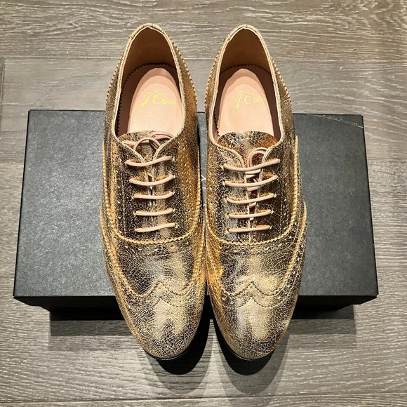 ⭐Host Pick⭐Beautiful and Rare J.CREW Metallic Rose Gold Crackled Leather Oxfords - Picture 1 of 5